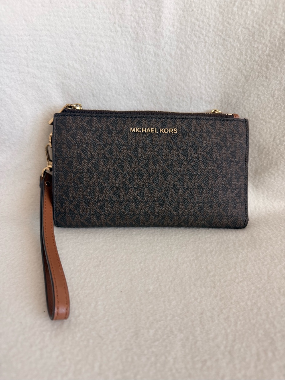 Michael Kors Brown MK Logo Wristlet with Tan Strap